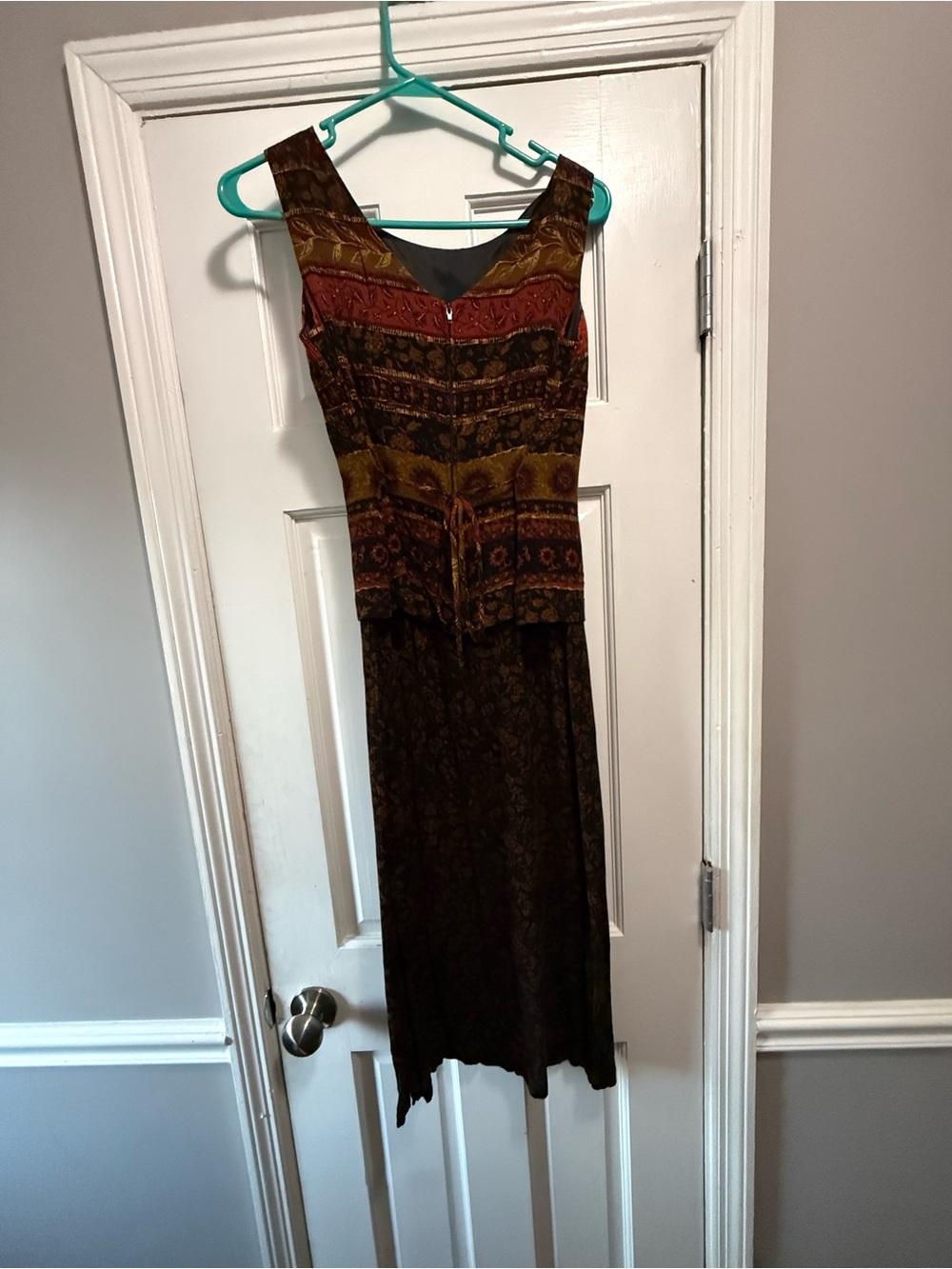Vintage 90s whimsigoth dressbarn Sleeveless Maxi Dress in Olive, Rust and Brown